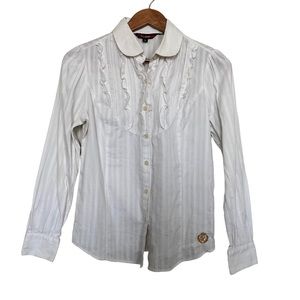 E. Land Women’s Sz S/M 170/92A Vintage White Ruffled Blouse Embroidered